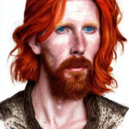 Portrait of young Courtney Gains as a ruggedly handsome, joyful, roguish pirate, charismatic, attractive male, masculine, perfect, precisely detailed clear eyes, unblemished, flawless skin, softly freckled face; meticulously detailed multi-hued ginger carrot-colored cherry fire red hair; fantasy, intricate, elegant, highly detailed, digital painting, concept art, matte, sharp focus, illustration, art by artgerm and greg rutkowski and alphonse mucha