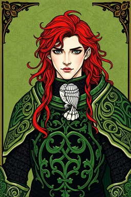 Art Nouveau Celtic Knotwork red-haired fantasy knight prince black and green armor with an owl motif