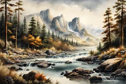 museum quality watercolor painting of the untamed American wilderness in the style of Karl Bodmer, rendered as an aquatint, with a fine art aesthetic, highly detailed , 8k UHD cinegraphic realism