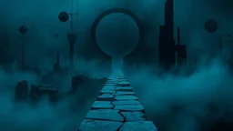 A surreal, dark and cold abstract artwork dominated by deep blue, icy cyan, charcoal black and muted steel-grey tones. An thin narrow passageway emerges from an abstract distorted weird landscape, surrounded by thick atmospheric fog and drifting mist. The space feels dreamlike, alien and unsettling, with fragmented floating circle geometric forms, black onix architectural fragments and unnatural perspectives. At the center of the composition cracked stone way over abyss, passage over nothingness