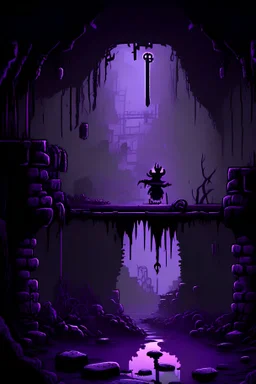 An animated 2d platformer of an apocalyptic sewer, dark and creepy with small accents of purple