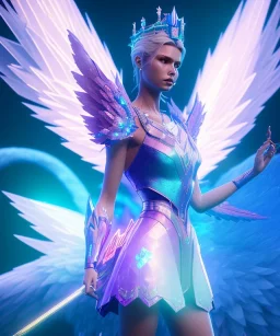 A crystalised queen, atmospheric, realistic, unreal engine, cinematic lighting, octane render. blue, pink, transparency, light, shine,bright, full body, transparent wings, blonde, long hair, nice smile