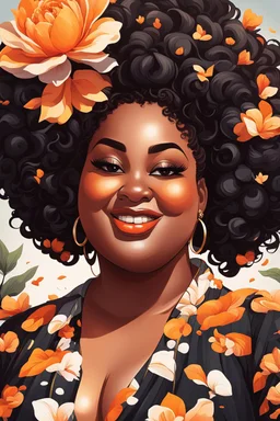 Create a expressionism cartoon art style image of a plus size black female looking down with a smile on her face. Prominent makeup with hazel eyes. Highly detailed messy curly bun with a hair scarf tied on her head with large orange magnolia flowers surrounding her. 2k