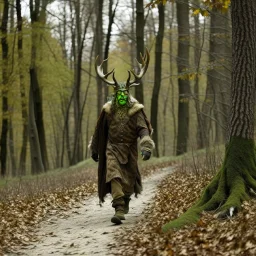 large feyman with antlers walking in the woods