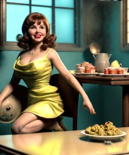 Ultra realistic photographic portrait, happy young Gina Lollobrigida woman sitting with arms resting on Italian kitchen table, pretty tortellini dish, retro dress by 1960, classic style decoration, cold, soft color, highly detailed, unreal engine 5, ray tracing, RTX, lumen lighting, ultra detail, volumetric lighting, high definition.