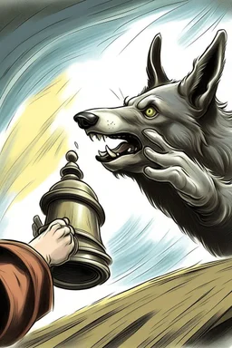 Digital drawing of a wolf hand ringing the bell, I want the wold point of view, so I want to see just his hand ringing the bell