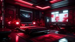 Cyberpunk very huge luxury bedroom, very huge bed, Detailed. Rendered in Unity. Japanese elements. Black and red lighting. Holograms. add a sakura tree into the room. Add a japanese katana in the wall and a gaming pc, red curtain, many gun