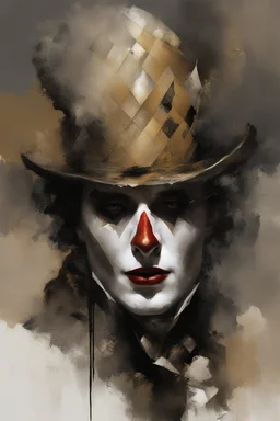 Digital Art of merry harlequin embodying the essence of merriment in a , minimalist approach, influenced by Luis Miranda, Jeremy Mann, Jeffrey Catherine Jones, blends conceptual art with elements of painting and illustration, somber tones, fragmented souls, shadow play, diffuse textures, abstract forms, digital painting, high conceptuality, palette inspired by Jeffrey Catherine Jones, golden ratio composition, fine detail, cinematic lighting.