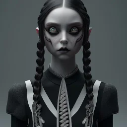 Wednesday Addams, Wednesday with braids standing with her arms crossed, dark, soft goth lip, hyper detail, octane render, unreal engine 5, photorealistic, 8k resulation