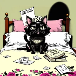 A whimsical hand-drawn cartoon of a ruffled black cat with wildly anxious eyes, wearing a polka-dot nightcap, perched on a bed strewn with floral pillows and tossed papers. The cat’s paws clutch an oversized book titled ‘How Not To Be Scared’. Above the headboard hangs a Friday the 13th calendar page marked Friday the 13th and a ghost-shaped sticky note that reads “Boo!” rests on the pillow. A knocked-over coffee mug drips on the bed. Warm, golden lamplight bathes the scene in rosy shadows, acce