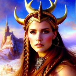 portrait beautiful face viking queen,braids,busty,horned helmet,snow,castle,mountains,ancient leather armor, balanciaga fashion clothe painting by gaston bussiere, greg rutkowski, yoji shinkawa, yoshitaka amano, tsutomu nihei, donato giancola, tim hildebrandt, oil on canvas, cinematic composition, extreme detail,fit full head inside picture,16k