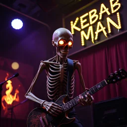 a very thin swedish man (near skeleton), (fat glowing eyes), he is called "KEBAB MAN" performing at death metal club, his name is "KEBAB MAN" kebab rolls On stage, kebab Neon lights and smog, and "KEBAB MAN" big sign on the wall, kebab tribal tattooes, spinning kebab machines, flames and smoke, chaos, he using gasolin and pour it on the guitar on the stage