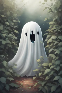 a crying little ghost hiding the bushes