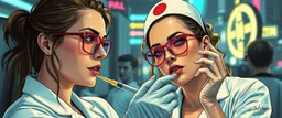 cyberpunk mega city fallout 4, airbrush and pen outline, A cinematic, high-end advertisement image for a fictional service called “Posh Meeting with Women Spice Girl Nurse Glam Fashion Party™”. Split-screen composition with two contrasting emotional states. Mad scientist getting injected.