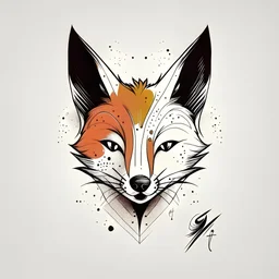 Modern tattoo motifs, abstract and minimalist ink drawing, Bold and dynamic, design on a white background, "The fox has a cheerful and mischievous look and a tongue sticking out, smiling. The picture shows a wider head of a short-haired crossbreed of a dark color, without light spots on the faces, a firmer figures with very short hanging ears.The image consists of black and blue colors.