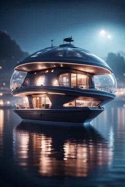 a misty bubble shaped katamaran modular house boat that looks like a dark twisted alien space ship with spotlights, in advanced hi tech dock, bokeh like f/0.8, tilt-shift lens 8k, high detail, smooth render, down-light, unreal engine, prize winning