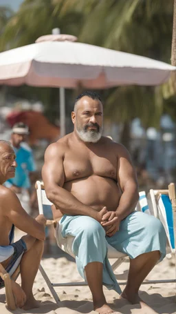 full figure shot photography of a very serious ugly burly muscular strong chubby marocan 52 years old, short beard, shirtless, manly chest, sells colored pareos on a crowded beach, sitting on a beach chair, sunligh, photorealistic, 35mm lens, side light, ambient occlusion