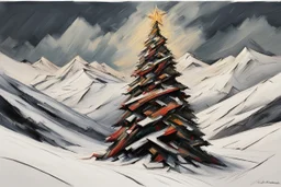 Christmas tree on a snow covered mountainside in the style of Frank Auerbach