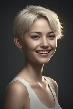 Chiaroscuro lighting, deep shadows, rich deep colors, full body portraits, 8K Ultra-HD, Hyper Realistic, Photorealistic, Realistic, focused, Clear, Extremely Detailed, beautiful, Cinematic, proportionate, full color, an image of a smiling young woman with short, pixie-cut bleach-blonde hair, tapered on the sides, wearing a pair of blue round lensed glasses, and a pink and blue button t-shirt, big happy smile, a foggy, cloudy blue background