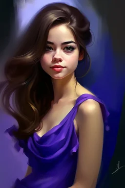 Create A beautiful girl with A purple dress. Digital painted, beautiful, barbieface, big Sue’s, Inspirated by John Lund,