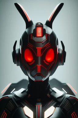 Portrait Sweet Rabbit ceramic mask, black, red suit, cyberpunk, photo studio, black background, unreal engine 5, concept art, ray tracing, lumen lighting, ultra detail, volumetric lighting, 3d.