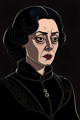 A portrait of a 40-years old aristocrat woman from XV century in strict dark clothes, authoritative, cold, emotionless, in the style of Genndy Tartakovsky's cartoons, uncovered head