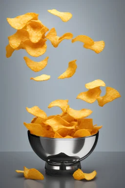 Salad mixer dispensing potato chips into the air