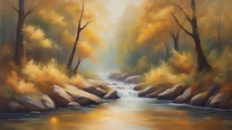 a beautiful landscape painting depicting majestic "rivers of gold" flowing through a lush forest, vibrant colors, impressionist style, nature art, serene atmosphere, sweeping brushstrokes, golden reflections, peaceful scenery, ethereal quality, medium size canvas, oil paint, evokes a sense of tranquility and abundance