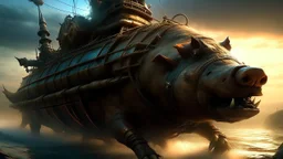 Boar riding a mechanical boat armed with bolt cannons, fantasy, detailed digital art, dynamic lighting, cinematic composition, character design by Daniel Kamarudin and Craig Mullins, Artbreeder, high resolution