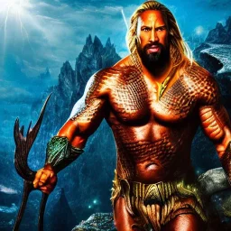 Fantasy, Dwayne Johnson as Aquaman, heroic, award winning, insanely detailed, sunlit, realistic, fighting,acrylic paint, 8k resolution, hdr