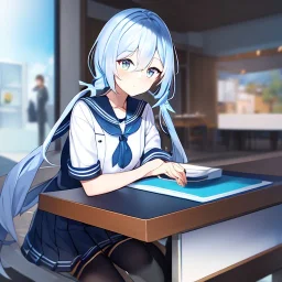 Clear focus, High resolution, long fluffy light blue hair, hair between eyes, long locks, wearing a sailor uniform, wearing a sailor skirt, long black socks, 1girl, cartoon, cute, UNFOTABLE studio