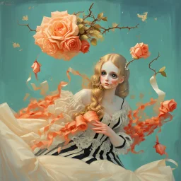 An ultra-detailed surrealist digital painting of a pale, porcelain-skinned gothic girl with an uncanny, doll-like presence. Her oversized, haunting dark eyes are rimmed with shadow, reflecting quiet melancholy. Wild ash-blonde hair tangles around her face, adorned with withered roses, brittle thorns, and faded ribbons. She wears an ornate Victorian lace gown with a stiff ruffled collar and a vertically striped skirt, aged and delicately frayed. A swirling storm of inky black