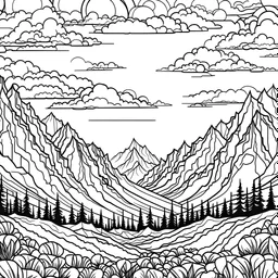 Grand ranges under skies, Clister crisp clear lines, clean line art, line art, Black and white coloring page, for adult, perfect shape, realistic, unique, unique style, masterpiece, variation, clean coloring page, coloring book illustration, no shading, only draw outlines, crisp, full page, use up the entire screen,