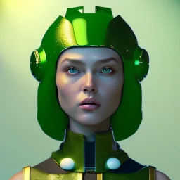 woman, rounded face, green, round helmet, decorative color feathers, retro futuristic, latex coat, soft color, highly detailed, art stations, concept art, smooth, unreal engine 5, god rays, ray tracing, RTX, lumen lighting, ultra detail, volumetric lighting, 3d, finely drawn, high definition, high resolution.