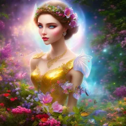 bright fairy, beautiful portrait, flowery landscape