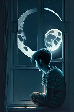 a depressed boy looking at the moon at night sitting on his window
