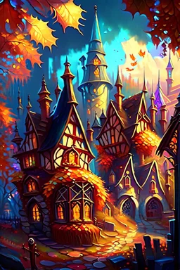 Fantasy village with stained glass window houses in autumn fantasy rpg art painterly