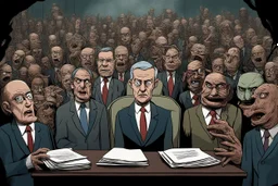 an evil government looms above, wielding puppets below as the news media broadcasts their suffering in the background, dystopian, dread, horror