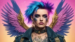 beautiful Punk woman Angel 30 years old, military clothing, mystical, bright colors, creative hairstyle, tattoo, piercing, photorealistic image, military, camouflage clothing, gold, blue background, sparkles, pink, fine rendering, high detail, 8K