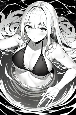 slim girl in a bikini floats in the water, top view, greyscale