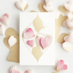 A photo of a white card, 5.5 by 4.25 inches. The card is vertically positioned on a beautiful white surface, positioned between rose petals and litte golden hearts.