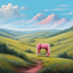 a pink horse in hills like a 19th painting