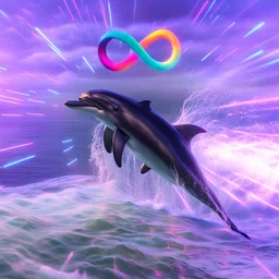 infinity symbol ∞ with vibrant powerful dolphin jumping out of the sea, striking, neon, chiaroscuro, dramatic, captivating, powerful, fantasy, beautiful, octane render, 16k post-production, artstation: award-winning: atmospheric: commanding: fantastical: clarity: ultra quality: striking: brilliance: stunning colors: amazing depth; lens: f/11, 35mm