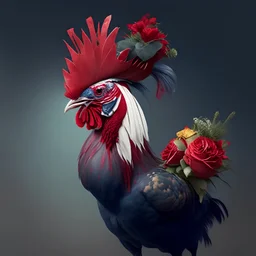 cute rooster in a hat and suit gives a bouquet of red roses