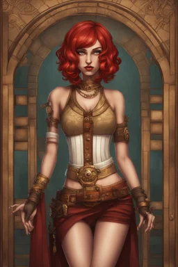 a skinny Cleopatra, with a bob red hairstyle, standing in a steampunk setting.