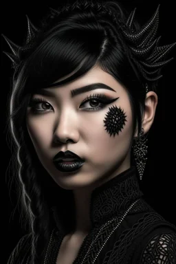 portrait of a fantasy asian goth woman, black makeup, black eyeline, black lipstick, fantasy style, realistic style, highly intrictae details, high quality, 8k