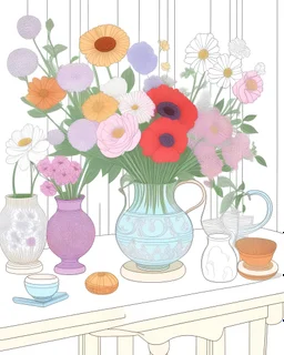 coloring pages: A vibrant floral scene, showcasing various types of flowers in full bloom. The background is a soft, pastel hue, adding to the dreamy and whimsical atmosphere. In the foreground, a small wooden table is adorned with a variety of flower pots, each containing a different color of flowers. The pots are arranged in a circular pattern, creating a visually appealing arrangement.