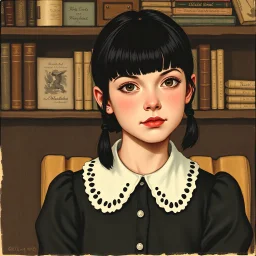 Wednesday addams, with bangs, in the style of Norman rockwell