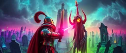 Epic portrait of knighted paladin vs demi-lich in tower cemetery in the style of Giger and Escher in Transparent Psychedelic Fluorescent Colors looking like a Record Cover, multidimensional depth of field, twisted fish eye lense