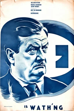 an old poster with "BIG BROTHER"(across top) "IS WATCHING"(across bottom) and the scowling face of a dictator in the middle. wwii era black and white printed poster on old paper
